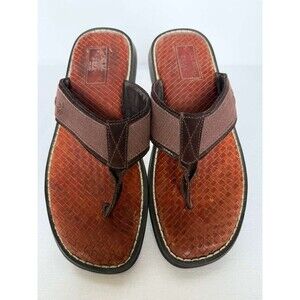 Tommy Bahama Caicos Leather Flip Flops Brown Mens 12M Woven Footbed
